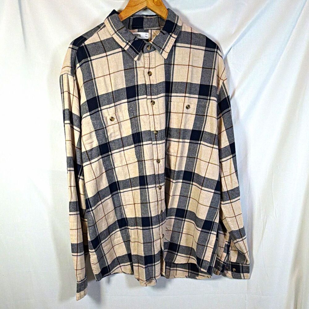Sonoma Men's Cotton Flannel Plaid Long Sleeve Button-Up Shirt Beige/Navy XXL